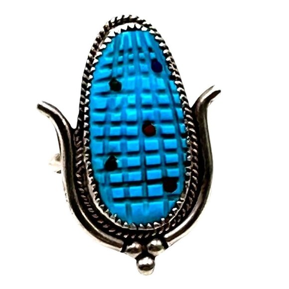 Native American Zuni Tracy Bowekaty Turquoise Corn Maize Sterling Ring size 9 - Picture 5 of 6